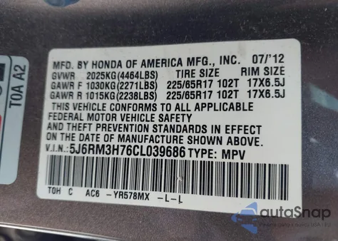 2012 Honda Cr-V Ex-L z USA, uszkodzony, nr VIN 5J6RM3H76CL039686